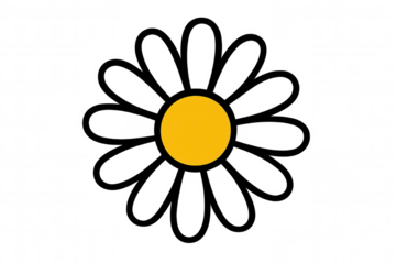 Simple daisy outline drawing with yellow core, illustrating peace, nature, and summer on transparent background