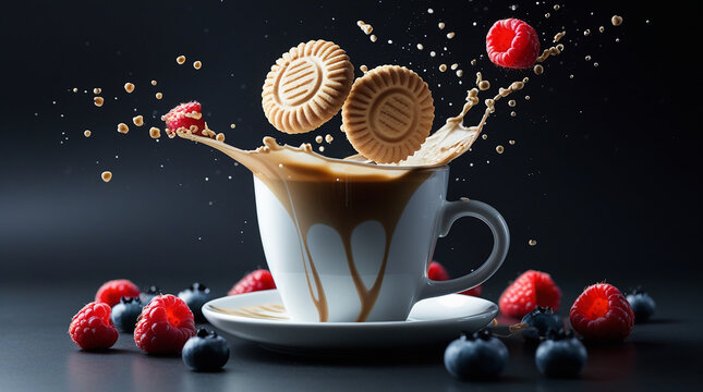 Coffee splash with biscuits and berries in a white cup and saucer liquid beverage