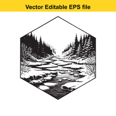 Obraz premium Vector art of winter landscape with a frozen stream and pine forest