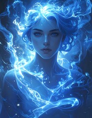 Portrait of a beautiful woman with luminous blue energy