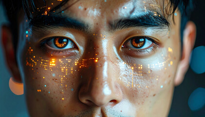 Fototapeta premium Digital Awakening: A striking close-up portrait showcases an individual touched by the digital world, his eyes reflecting a futuristic landscape.