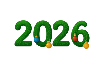 Festive 2026 Typography: Green Pine Branch Text with Hanging Christmas Ornaments