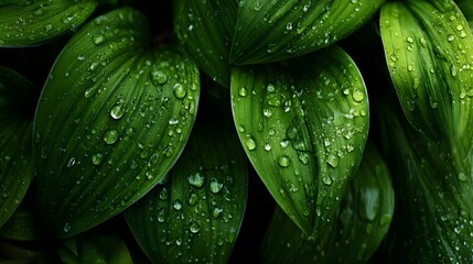 Obraz premium Close-up of fresh green leaves with raindrops. Concept: Nature, environment, eco-friendly, greenery, freshness, sustainability, natural beauty, plant life, organic,
