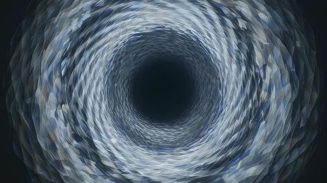 A spiraling vortex of textured, translucent layers recedes into a dark, circular void