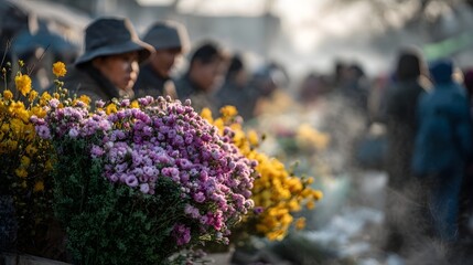 A bustling outdoor flower market with vibrant purple and yellow chrysanthemums in the foreground and blurred figures in the background