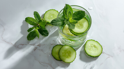 Obraz premium Refreshing cucumber and mint infused water, a healthy hydration choice for wellness and detox, natural spa water recipe for summer refreshment