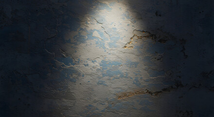 Texture of old wall with cracks and peeling paint illuminated by a single light