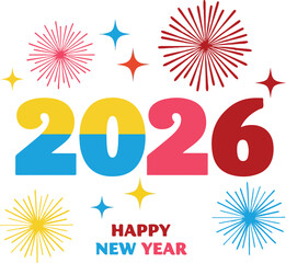Happy new year poster 2026 greeting card, colorful fireworks vector