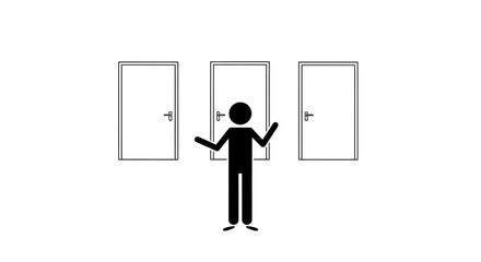 Decision Point: Stick figure facing three doors, symbolizing choices, multiple options, and dilemma