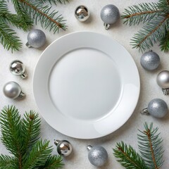Blank plate mockup for Christmas. Empty white plate surrounded by silver ornaments and evergreen branches, creating a festive and elegant setting.