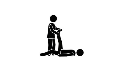 Stick figure assisting person lying on ground, holding leg up for stretch or first aid. Physical therapy, help, rehabilitation concept.