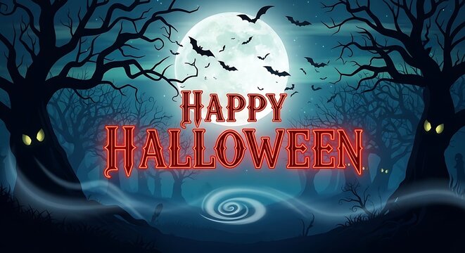 Spooky happy halloween night with bats and glowing eyes in forest