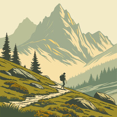 Vector art of hiker on mountain trail scenery © Mamun