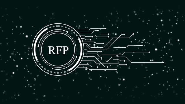 Futuristic R F P Request for Proposal digital H U D interface with glowing particles and circuit board lines on dark background business technology concept