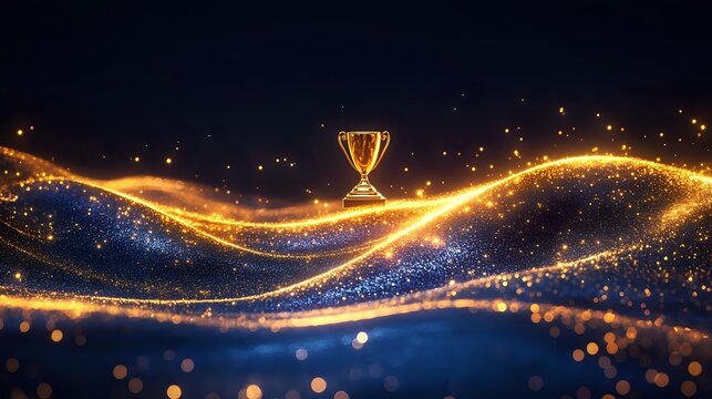 Golden trophy floating above glowing light waves with sparkles and magical particles on dark blue background, abstract achievement concept.