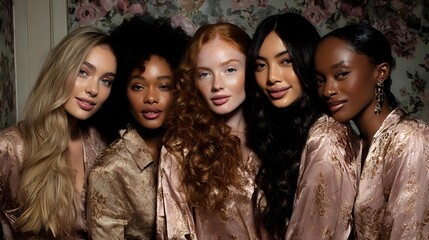 Diverse group of women with different skin tones and hair types wearing shimmering metallic dresses pose together against floral wallpaper background in glamorous fashion shoot.