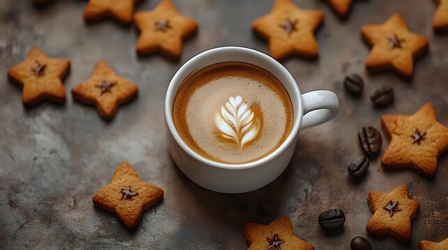 Cappuccino with latte art rosetta pattern surrounded by star-shaped cookies and coffee beans on dark rustic background. Perfect for cafe menu or food blog.