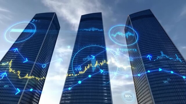 Modern skyscrapers with futuristic financial data visualizations - Powered by Adobe