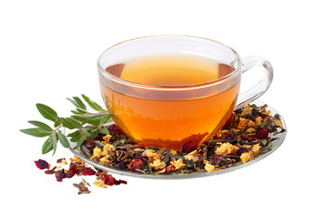 Fototapeta premium Cup of freshly brewed herbal tea with colorful dried flowers, fruits, and leaves on white background