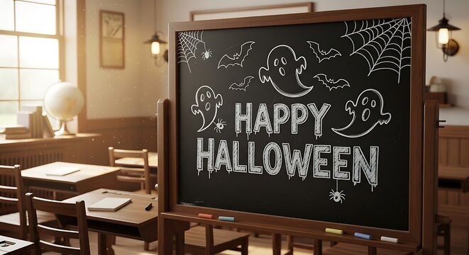 Happy halloween message written on a chalkboard in a classroom setting