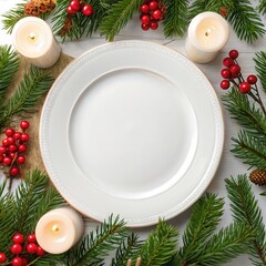 Blank plate mockup for Christmas. A white plate is surrounded by evergreen branches, red berries, and candles, creating a festive, holiday table setting.