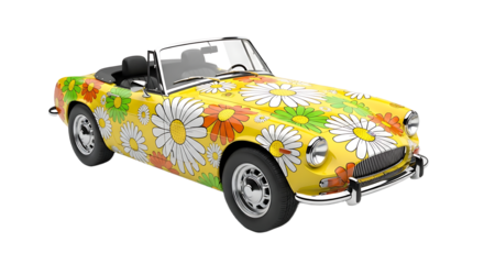 Vintage Convertible Sports Car with Flower Power Daisy Pattern, Symbolizing Hippie Culture, Retro 1960s Lifestyle, Peace, and Summer Freedom, Isolated on Transparent Background

