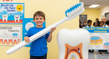 Young boy proudly holds giant toothbrush next to large tooth model, with educational posters about dental hygiene in the, promoting oral care awareness