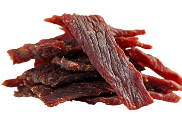 Stack of dried, seasoned beef jerky strips on white background, showcasing texture and rich color