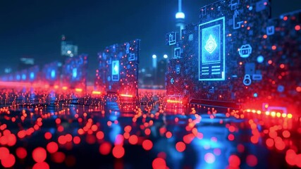 A futuristic, glowing cityscape, focusing on illuminated data panels and circuit boards at night - Powered by Adobe