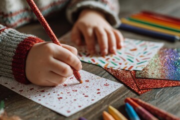 Child's hand drawing with a red glitter pen on white paper near colorful art supplies on a wooden table.