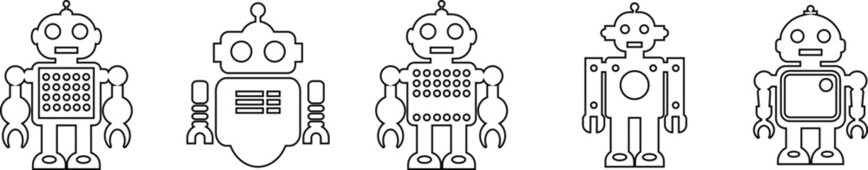 Retro robot icon set in line style vector Group and collection of vintage androids, droids, bots, cyborgs, mechanical machines and humanoid robots.