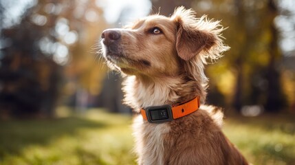 Focus on a smart collars screen showing activity statistics on a playful dog with the vibrant pet in focus and a softly blurred park background for emphasis.