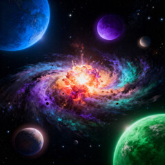 Obraz premium A stunning visual of a cosmic explosion occurring above Earth, with vibrant colors and celestial bodies. The image captures the awe-inspiring power and beauty of the universe and a supernova.