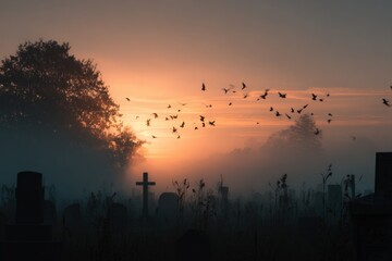 Graveyard bathed in golden sunlight at sunrise with birds in flight