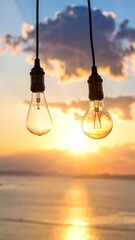 Two Edison-style light bulbs hang against a sunset over water
