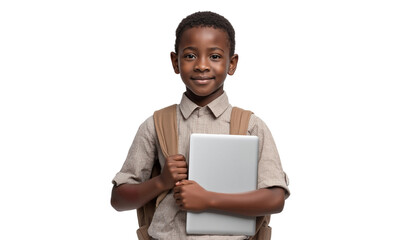 Happy African-American schoolboy with a backpack and laptop, isolated on transparent background