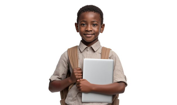 Happy African-American schoolboy with a backpack and laptop, isolated on transparent background