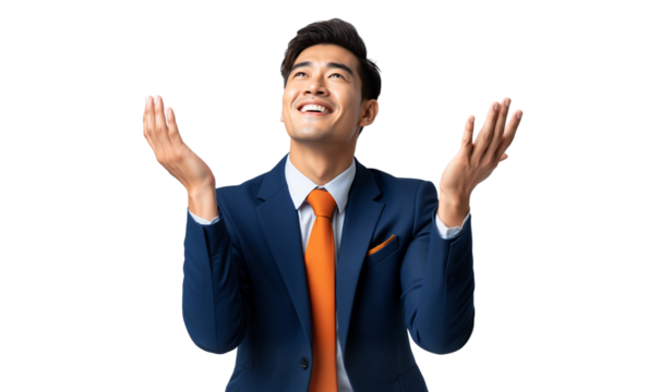 Enthusiastic businessman looking up with open hands, conveying hope, success and gratitude