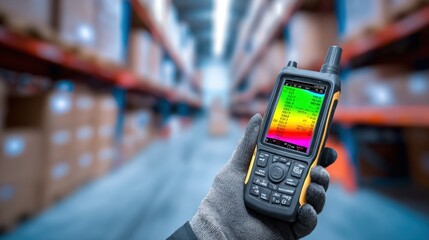 Closeup of a thermal imaging screen displaying temperature data from a warehouse inspection with the operators hand in sharp focus and the warehouse background softly blurred.