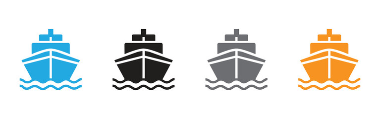 Dynamic ship icons in blue, black, gray, and orange. Ideal for nautical designs, travel promotions, and more. Add a splash of maritime adventure to your projects!
