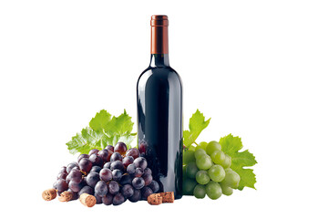 Obraz premium Red wine bottle surrounded by fresh green and purple grapes with vine leaves on white background