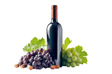 Red wine bottle surrounded by fresh green and purple grapes with vine leaves on white background