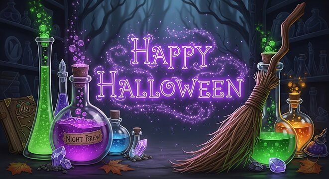 Spooky halloween scene with glowing potions and witch brooms