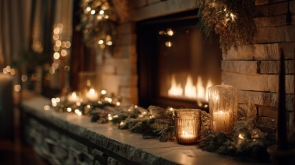 Fototapeta premium A fireplace with a mantle and a mantle with a Christmas tree