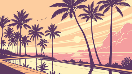 topical beach sunrise with palm trees reflected in a serene infinity pool at a seaside resort