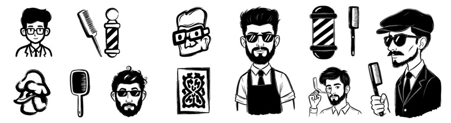 Fototapeta premium Barbershop Illustrations Collection: Vintage Grooming, Classic Barber Tools, and Stylish Male Portraits for Business Marketing and Creative Projects, Retro Style Designs, Traditional Haircut Concepts