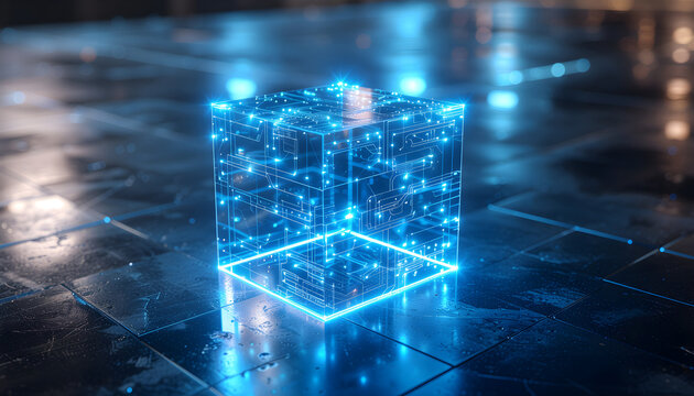 Transparent neon blue wireframe cube with glowing grid structure