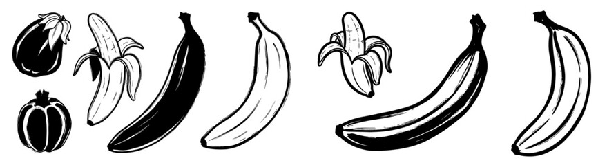 Collection of Fresh Fruits: Bananas, Eggplant and Pomegranate Graphic Illustration in Black and White, Organic Produce for Healthy Eating, Nutrition and Vegan Lifestyle Concepts, Agricultural Food, Cu