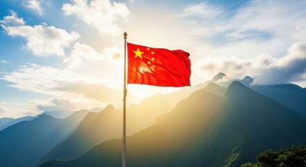 Chinese Flag Flying Proudly Over Majestic Mountainous Landscape