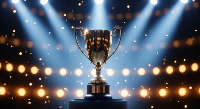 Golden Trophy Awarded Under Dramatic Stage Lights with Falling Confetti
